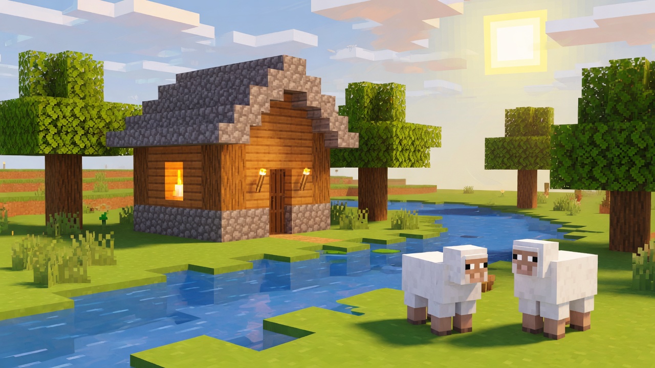 A cozy Minecraft cabin by a river with two sheep